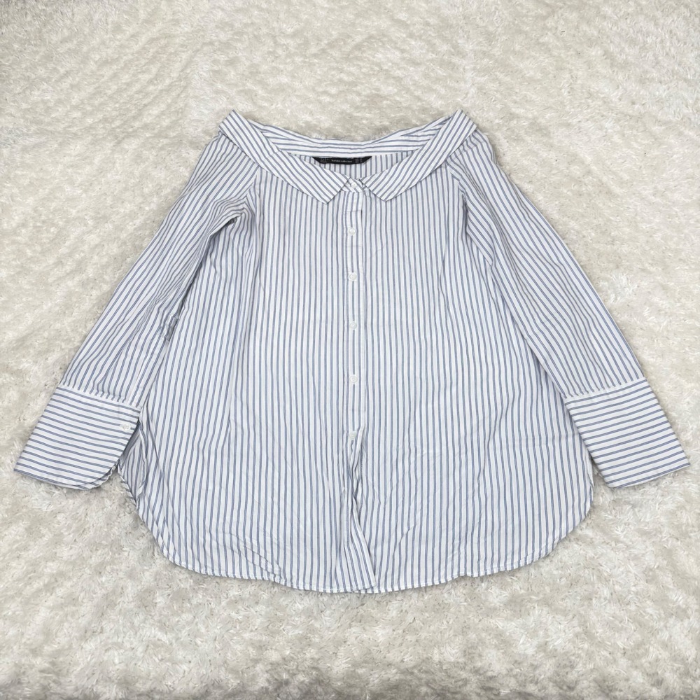 Zara Trafaluc Women's XS Blue striped Collared LS Shirt Wide Neck Preppy Office